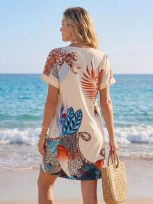 Sylviya 熱帶圖案蝙蝠袖直筒連衣裙 - 杏色 - 查看 2