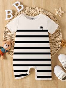 男婴休闲条纹马球骑士标志印花短袖连体衣，适合春夏假期穿着 - 彩色 - 查看 5