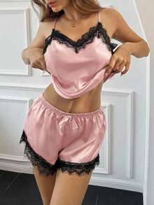 Aloruh Set de pijama con top camisero y shorts de satén y encaje patchwork, 2 piezas - Rosa vieja - Ver 3