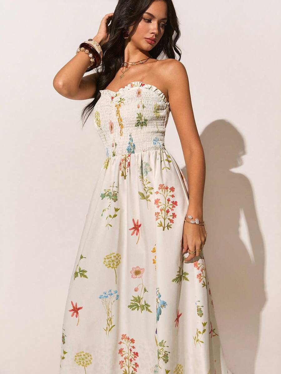 Poéselle Women's Dress Strapless Smocked Floral Midi Sundress – Botanical Print Cottagecore Vacation Dress Strapless Smocked Dress, Floral Midi Dress, Cottagecore Sundress, Botanical Print Dress, Shirred Bodice Dress, Summer Beach Maxi, White Floral Sundress, Vacation Resort Dress Beach Vacation Casual Printed Tube Top Dress Sundress Long Women Vacation Dress Garden Party Dress Women White Floral Dresses For Women Elegant Summer Dress Beach Dress Wedding Guest Dress Graduation Dress Elegant Dresses Summer Holiday Outfits Vacation Outfits Floral Dress White Dress,Summer Dresses For Women - Multicolor - View 1