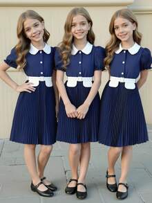 SHEIN ChillGRL Girls Dress, Single Item - Collared Half-Placket Shirt Dress With Ruffle Hem, Lantern Sleeve, A-Line Pleated Skirt, Comes With PU Belt, Suitable For Casual Everyday Wear In Spring/Summer - Navy Blue - View 6