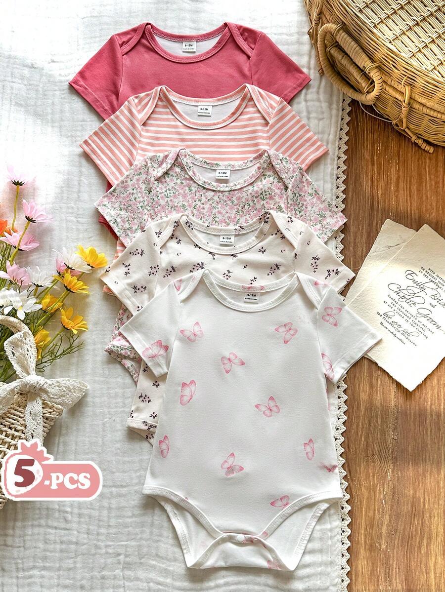 SHEIN Vintaside Kids 5件套女婴柔软舒适圆领纯色糖果连体衣，时尚休闲日常穿着，易于穿脱，短袖短裤款式，春夏款