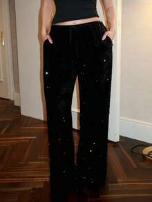 Turnttoni Women's Black Velvet Shiny Sequin Casual/Concert/Cocktail Party/Night Out/Carnival Drawstring Wide Leg Pants, Shiny - Black - View 3
