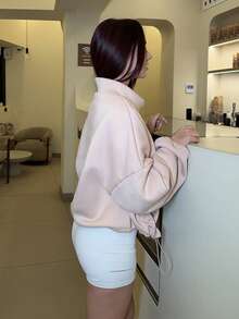 Abrilcols 女士拉链抽绳长袖休闲连帽运动衫夹克，机场女士服装，秋冬七分袖上衣 - 粉色 - 查看 4