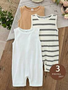 LMoss Kids 3pcs Baby Boy Knitted Solid Striped Crew Neck Sleeveless Romper Set - Multicolor - View 6