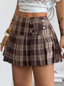 Coolane Women's Plaid Pleated Versatile Casual Skirt Pants - Brown - View 2