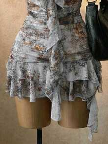 SaltGleam 春夏新款露背荷叶边下摆不对称数码印花修身休闲性感迷你连衣裙（女款） - 彩色 - 查看 3