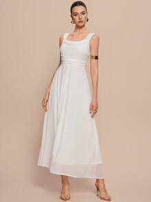 Chiquease Đầm xẻ tà không tay, màu trơn, thắt eo - trắng - Xem 3