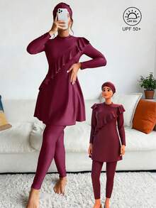 Swim Mulvari 夏季海滩荷叶边全罩式布基尼泳衣阿拉伯服装 - 紅木色 - 查看 1