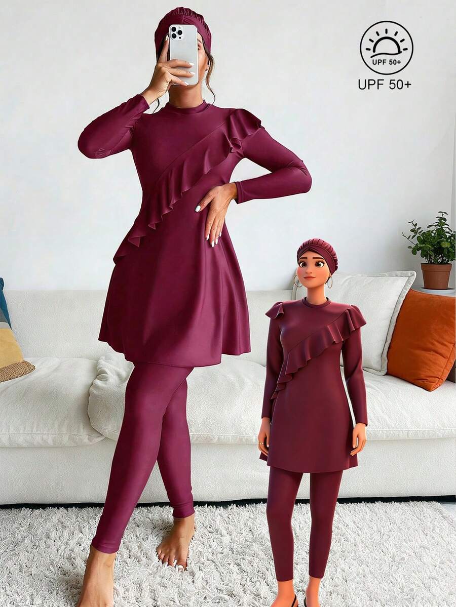 Swim Mulvari 夏季海滩荷叶边全罩式布基尼泳衣阿拉伯服装 - 紅木色 - 查看 1