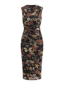 Ellevyn Women's Elegant Maple Leaf & Butterfly Print Ruched Waist Fitted Mid-Length Dress, Suitable For Various Occasions, Graceful Summer Holiday Attire - Multicolor - View 9