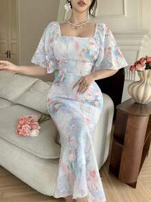 DAZY Women's Elegant Floral Textured Square Neck Fishtail Midi Dress, Summer - Baby Blue - View 7