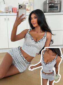 SHEIN Women's Polka Dot Heart Embroidery Camisole And Frill Trim Shorts Pajama Set - White - View 6