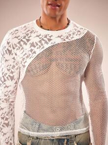 FeverCity Men's Contrast Lace Hollow Design Round Neck Long Sleeve T-Shirt - White - View 4