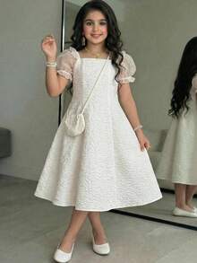 SHEIN 少女优雅奢华拼接白色方领网纱荷叶边泡泡袖花卉提花面料长裙，优雅派对礼服，婚礼季派对礼服，花童礼服 - 白色 - 查看 3