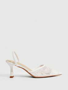 CUCCOO SZL Pointed Toe Mesh Embroidered Women's High Heel Pumps, Wedding Party Bridal High Heels, Elegant Platform Sandals - White - View 7