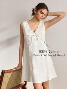 Ocili 100% Cotton Embroidered Floral Trim Sleeveless Short Dress With Front Opening, Comfortable Nightgown For Women - White - View 1