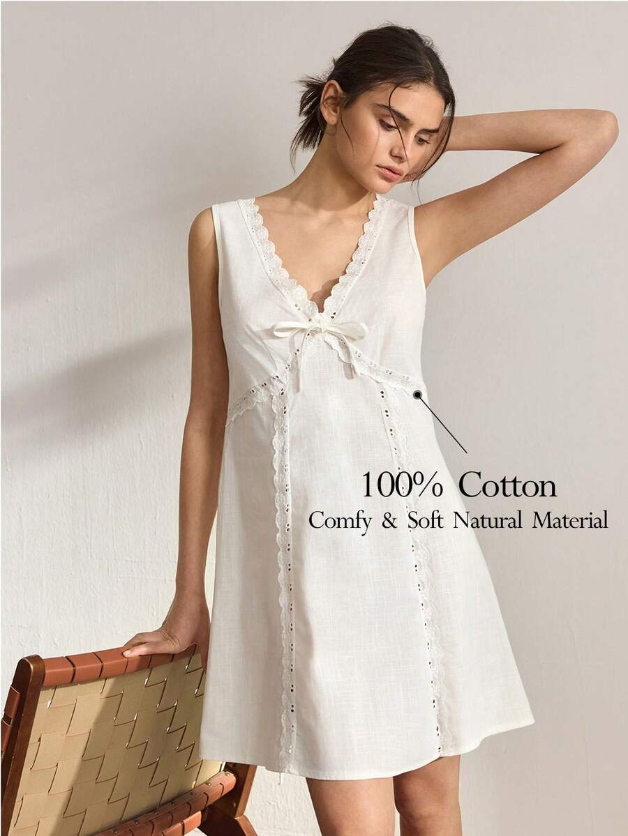 Ocili 100% Cotton Embroidered Floral Trim Sleeveless Short Dress With Front Opening, Comfortable Nightgown For Women - White - View 1