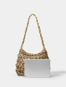 SHECARRY Ladies, Women Shoulder Bag, Hobo Bag, Fashionable, Elegant, Simple, Personalized, Versatile, Classic, Crochet Bag, Orange And Gold, Hollow, For Beach, Vacation, Holiday, Summer, Seaside - Khaki - View 5