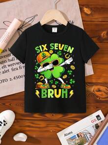 Kleine Jungen Lässig modische kreative personalisierte erfrischende minimalistische Kleeblatt Mütze, Sonnenbrille, Metallmünze, Stern Deko, glänzender Buchstaben Grafik Muster T-Shirt, bequeme Alltagskleidung, gemütliche Sommer- und Herbststile geeignet für Frühling, Sommer, Herbst - Schwarz - Übersicht 4