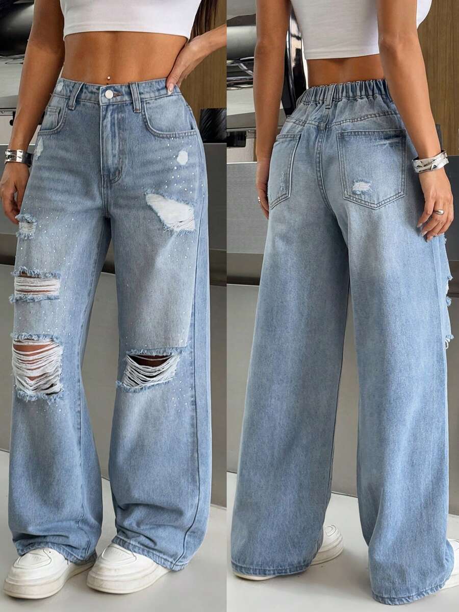 SHEIN PETITE Spring To Summer Women's Blue Jeans BlingBling Diamond Embellished Low-Rise Wide-Leg Pants Y2K Music Festival Outfit - Blue - View 1