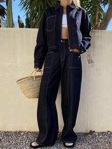 DAZY Women's Casual Collared Crop Top And Loose Fit Jeans Set - Blue - View 4