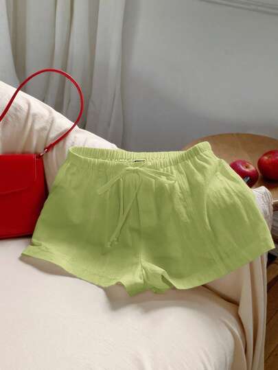 Comfortcana Women's Casual Loose Drawstring Solid Color Shorts, Versatile Daily Wear Green Linen Shorts, Spring/Summer