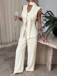 Livesso Damen elegantes ärmelloses, fließendes Top und lässige Hose Zweiteiler, geeignet für Sommer Urlaubs-Loungewear für Frauen - Beige - Übersicht 4