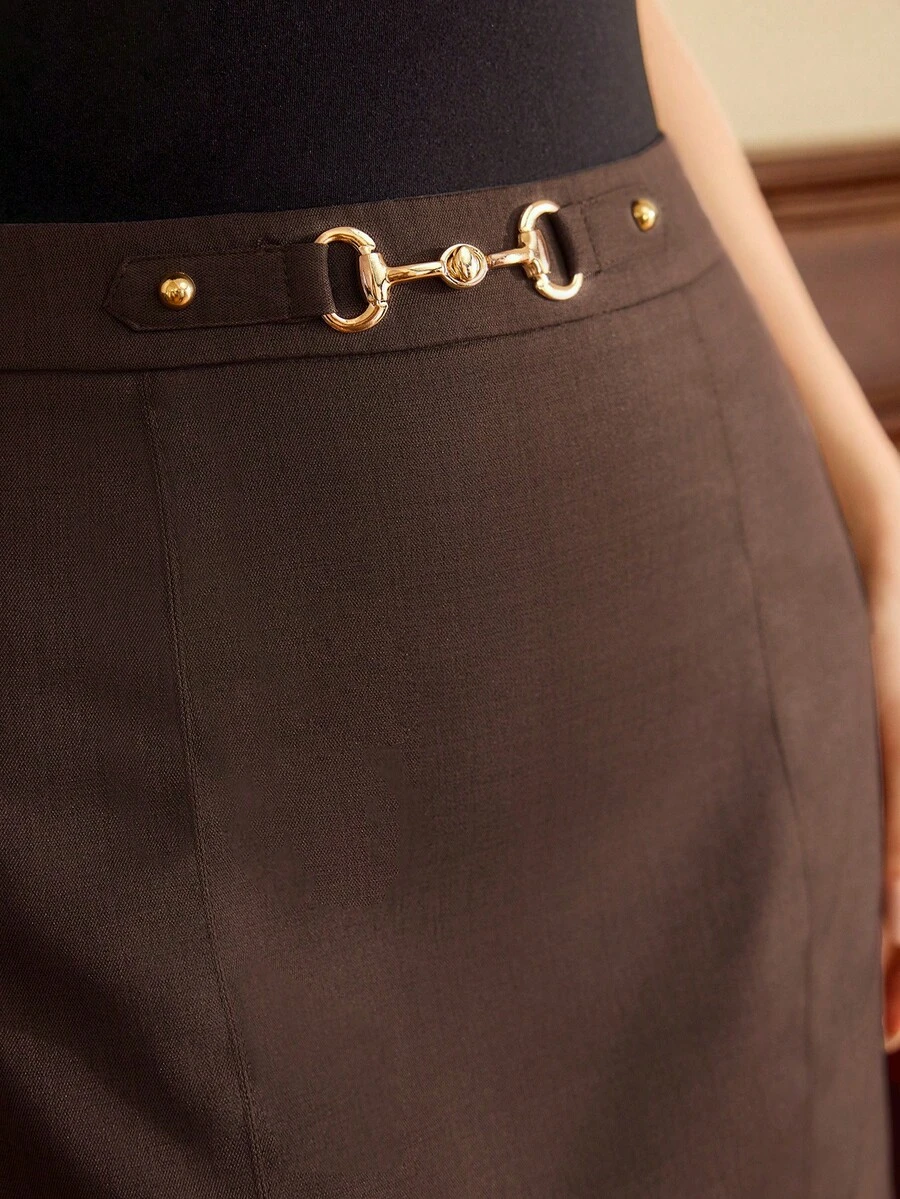 Vintamour 复古优雅女士金属扣迷你裙，休闲度假夏季春假情人节女士情人节休闲装夏季假期外出 - 咖啡棕 - 查看 1