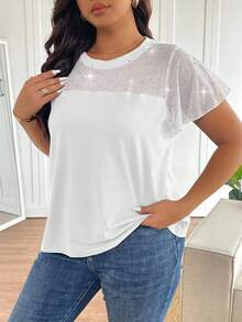 SHEIN Frenchy Plus Size Round Neck Raglan Short Sleeve Ruffle Mesh Splice Elegant T-Shirt - White - View 5