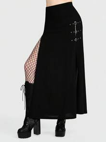 Breakform Gothic Sexy Gothic Punk Black Sexy Music Festival Women's Gothic Sexy Side High Slit Skirt With Metal Grommet Adjustable Waist Elastic Waistband - Black - View 1