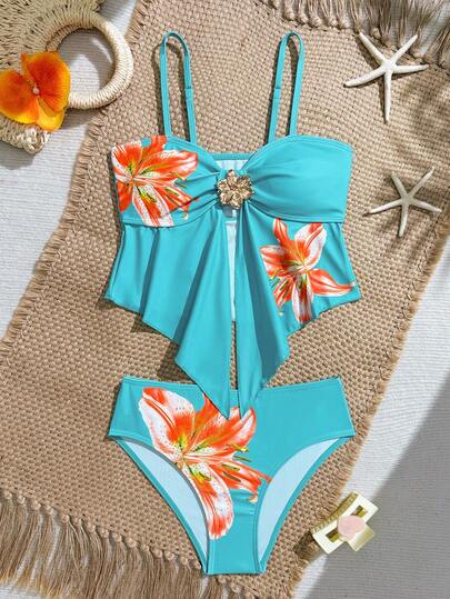 SHEIN Tween Girls Tankinis Casual Light Blue Foundation Make-Up Big Flower Knitting Sports Net Splicing Two-Piece Swimsuit Suit Fashionable Casual Exquisite Gorgeous Lady Suitable For Swimming Summer Holiday Beach Beach Swimming Pool Summer Holiday Party. Flower Bathing Suit High Waist Swimsuit Set Bow Bathing Suit Hibiscus Bathing Suit