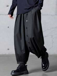 Manfinity Hypemode Pantalones harem casuales y versátiles con diseño de botones para hombres de talla grande, ideales para primavera a verano, vacaciones, estilo vintage, salidas, fiestas, festivales, regalo para mi novio - Negro - Ver 1