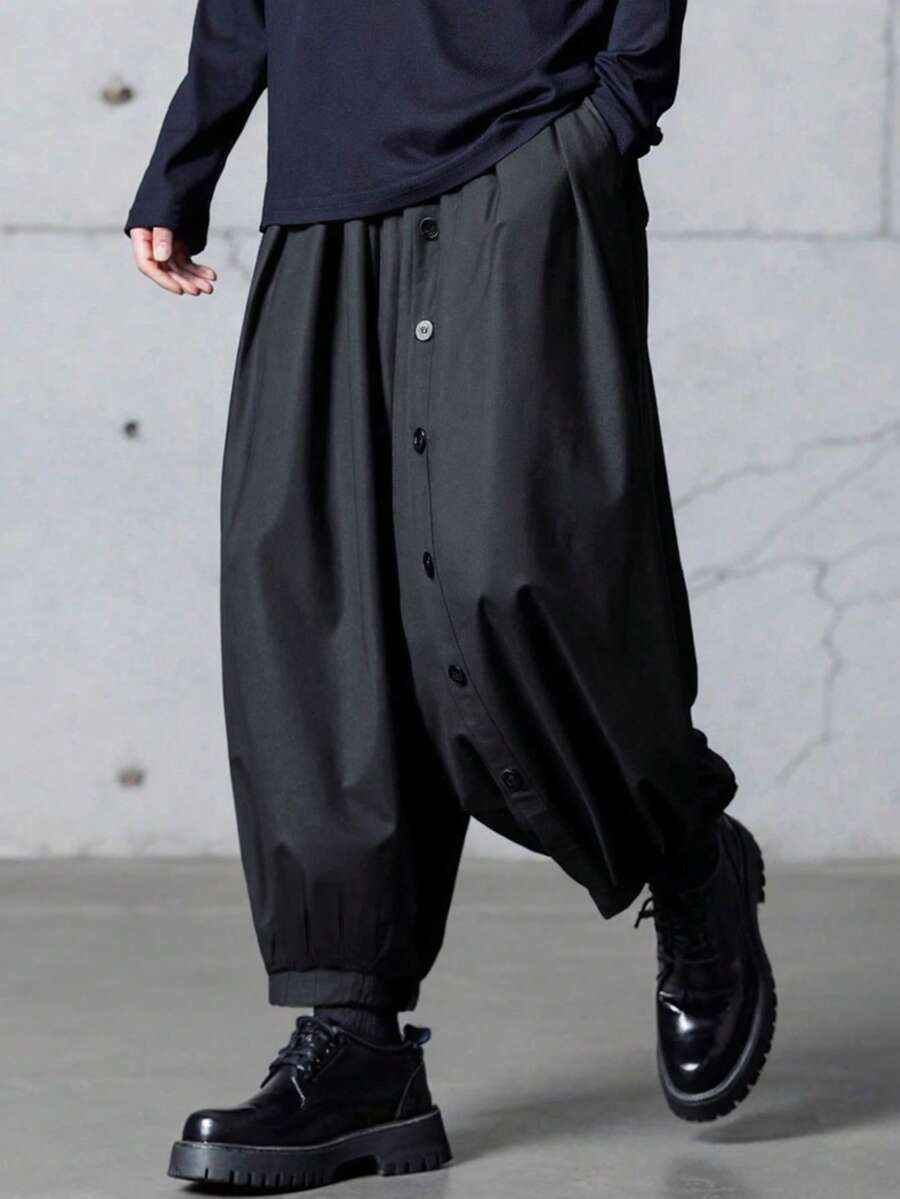 Manfinity Hypemode Pantalones harem casuales y versátiles con diseño de botones para hombres de talla grande, ideales para primavera a verano, vacaciones, estilo vintage, salidas, fiestas, festivales, regalo para mi novio - Negro - Ver 1