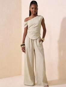 SHEIN Girlism 少女套装，杏色，露肩设计，简约风格，休闲度假风，优雅装扮 - 杏色 - 查看 2