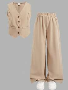 Firerie Kids Firerie Kids Bộ đồ thể thao thường ngày thanh lịch cho bé gái tuổi teen, màu trơn, gồm áo vest không tay cài cúc phía trước và quần ống đứng, màu kaki. - Màu Khaki - Xem 3