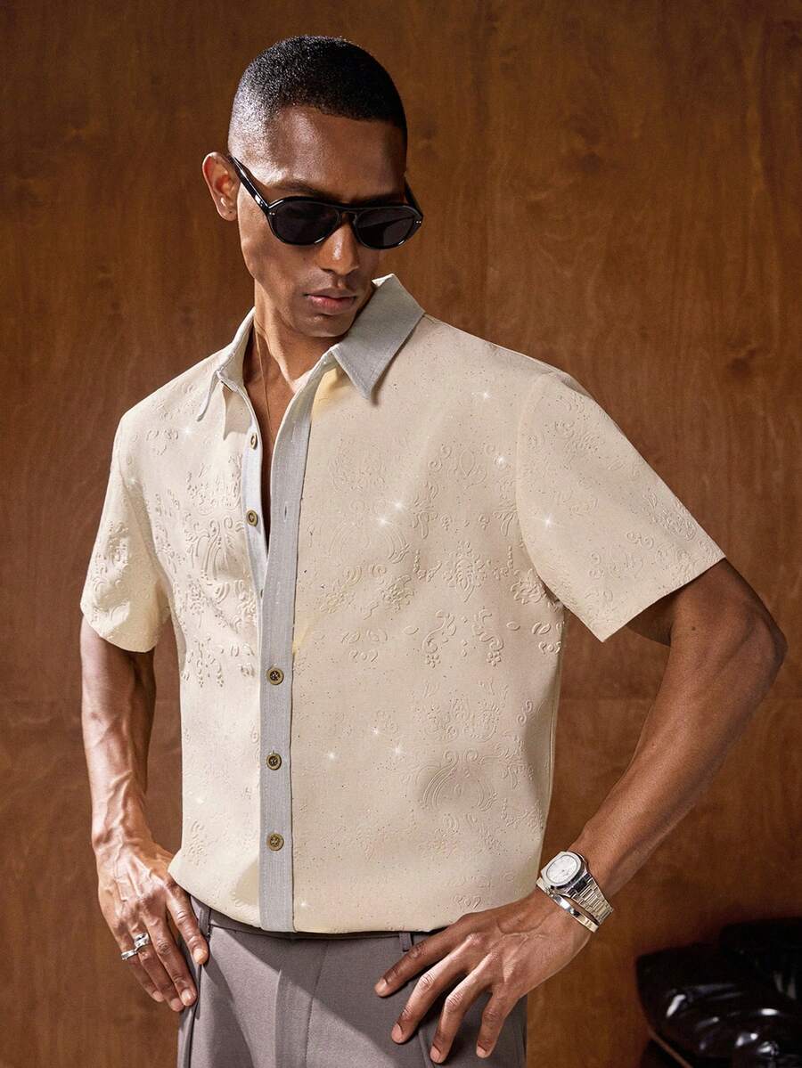 AKNOTIC Business Casual 男士蓝色花卉提花休闲宽松短袖Polo衫，适合夏季、度假、日常搭配、派对、情侣装，男士礼物；香槟色男士衬衫；奶油色男士衬衫；男士装饰衬衫；米色男士衬衫