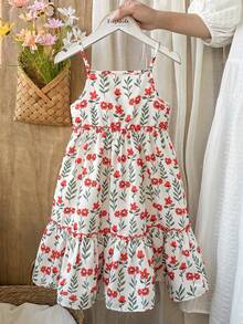 Vintaside Kids Vestido Floral Miúdo para Meninas, Estilo Campestre, Elegante, Fofo, Adequado para Primavera/Verão - Vermelho - Visão 3