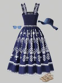 SHEIN ChillGRL 少女度假休闲复古印花吊带连衣裙，波西米亚风格几何图案无袖松紧腰夏季连衣裙 - 藏蓝色 - 查看 2