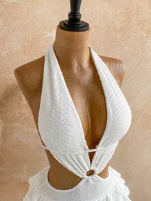 Soleia Vestido corto de verano para mujer de unicolor, con cuello halter, espalda descubierta, sin mangas, con recortes y volantes en el bajo - Blanco - Ver 6