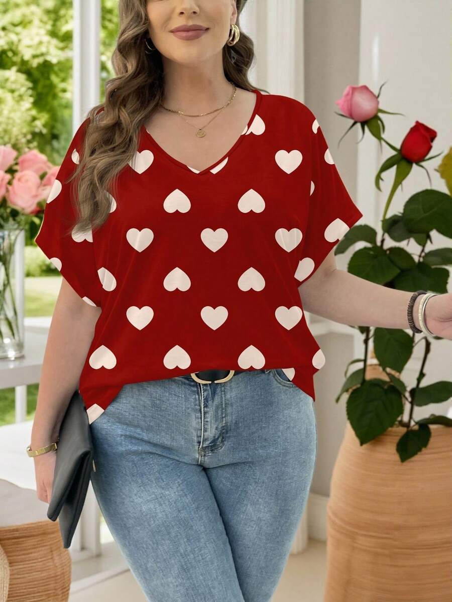 EMERY ROSE Áo thun ngắn tay dáng rộng in hình trái tim dành cho nữ, cỡ lớn, thích hợp cho ngày Valentine. - Nhiều màu - Xem 1