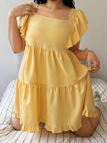Sunnyshic Đầm babydoll dáng rộng, bèo nhún, thích hợp cho mùa xuân/hè. - Màu vàng - Xem 5