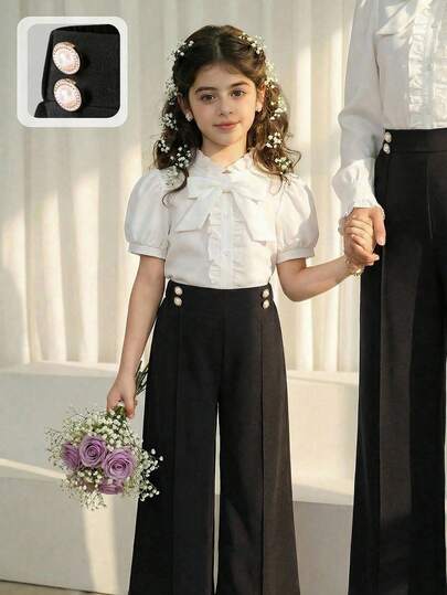 Tween Girls' Casual Everyday Commute Minimalist Solid Color Faux Pearl Button Decor Pleated Loose Wide Leg Pants