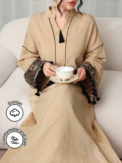 Al Najma Abaya Women's Long Robe, Exquisite Embroidered Sash Bohemian Style Dress, Middle Eastern, Dubai, Turkish