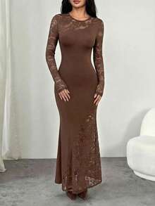 SHEIN PETITE Đầm Maxi đuôi cá phối ren đen cổ bẻ, phong cách tối màu, gợi cảm, thanh lịch, gợi cảm, thu đông - màu nâu - Xem 4