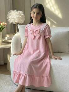Vestido holgado y cómodo de manga abullonada con cuello redondo, lazo decorativo y estilo minimalista casual para niñas preadolescentes - Rosa vieja - Ver 4