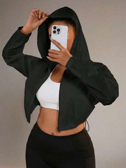 Rhythm Era Women's Plus Size Solid Color Hooded Zipper Jacket, Fashionable & Versatile For Daily Wear, Long Sleeve Sportswear Crop Top Jacket Crop Hoodies For Women Jacket Gym Cropped Zip Up Cropped Workout Jacket