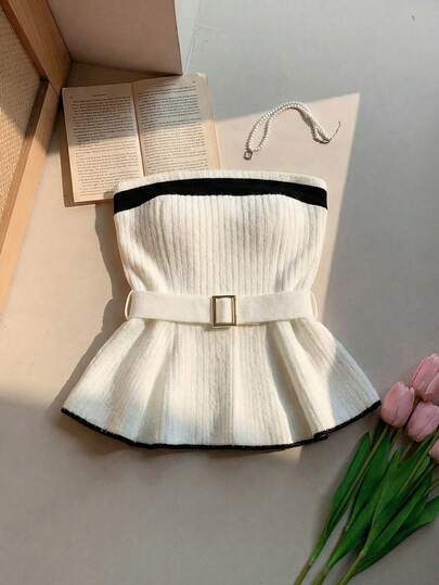 Franclia A Bustier Top With A Tight Waist Belt, A Charming And Fashionable Strapless Knit Top With Unique Color-Blocked Design, A Versatile Strapless Knit Sweater For Women, Perfect For Spring And Summer. Elegant And Slimming, This High-Quality Basic Knit Top Is Also Available. A Retro And Elegant Strapless Knit Sweater, Suitable For Everyday Wear, Black And White, And Perfect For Dates And Parties.Graduation Season Attire, Fashionable Casual Commuter Wear, Business Office Wear, Versatile And Stylish Everyday Casual Wear, Urban Teacher's Professional Attire