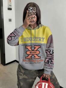 Rovax 字母印花撞色设计连帽女式卫衣，适合秋冬季节，长袖直筒下摆，时尚嘻哈风，时尚T恤，美妆卫衣，送给姐妹的礼物，趣味卫衣，休闲简约时尚卫衣 - 彩色 - 查看 3