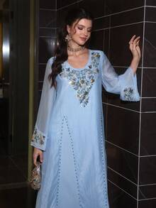 Layrah Elegant & Luxurious Round Neck Beaded Flare Sleeve Dress, Spring/Summer - Baby Blue - View 7